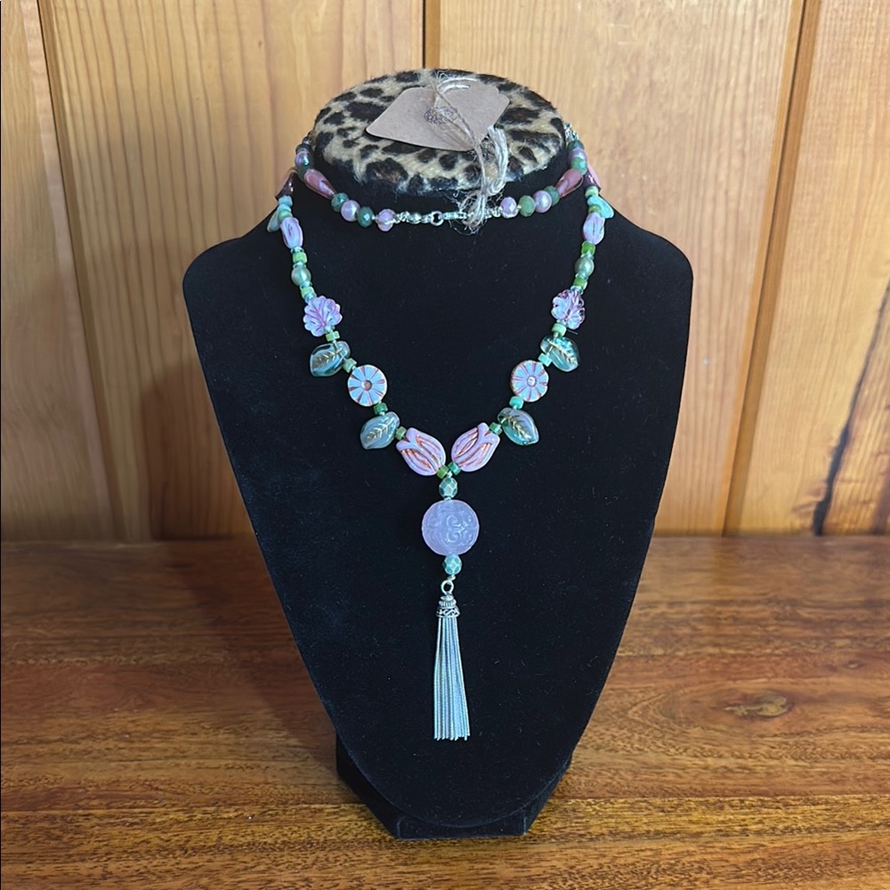 Bohemian Purple and Green Beaded Necklace with Tassel